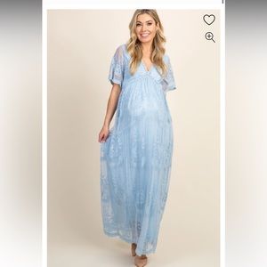 PinkBlush Lace Mesh Overlay Maternity Maxi Dress